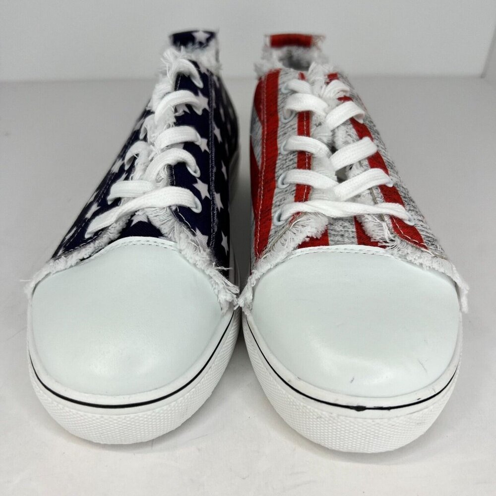 Womens Blue Red Star Striped Pattern Low Top Lace Up Flat Size 7 Canvas Sneakers - Picture 3 of 8